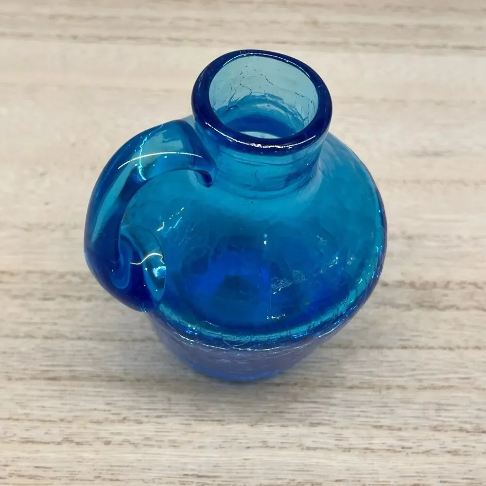 Vintage MCM Cobalt Blue Crackle Glass Mini Pitcher Hand Blown Art Glass 4.5